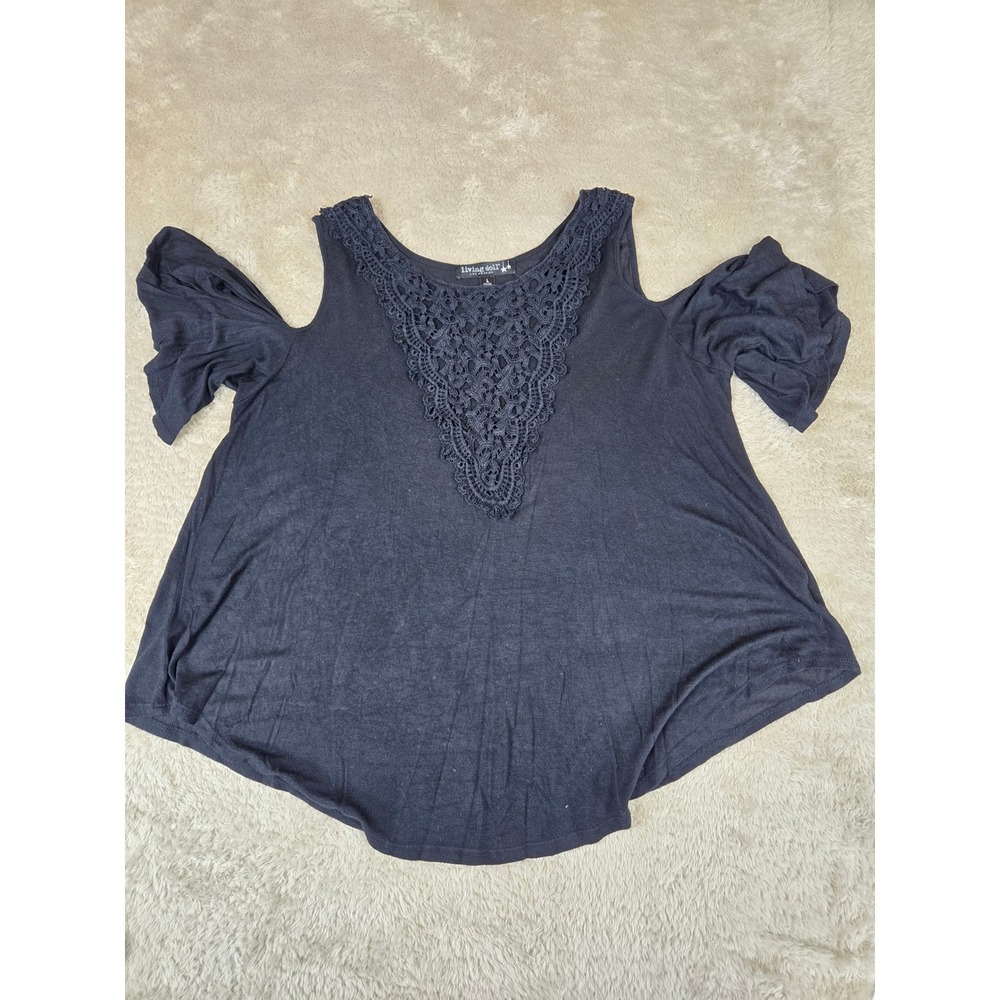 Living Doll Black Cold Shoulder Crochet Lace V-Neck Top Large Made in USA